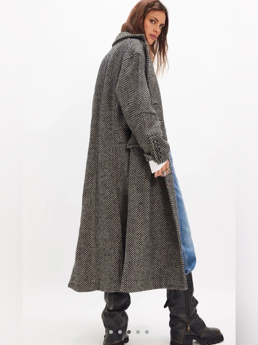 Free People Micah Herringbone Long Duster Jacket Peacoat XS $298 MSRP Fall Coat🧥